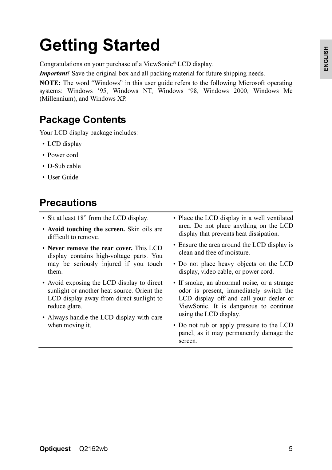 Optiquest VS12107 warranty Getting Started, Package Contents, Precautions 