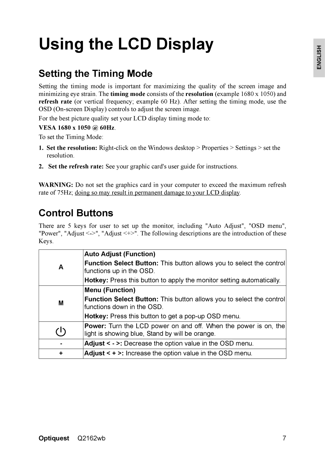 Optiquest VS12107 warranty Using the LCD Display, Setting the Timing Mode, Control Buttons 