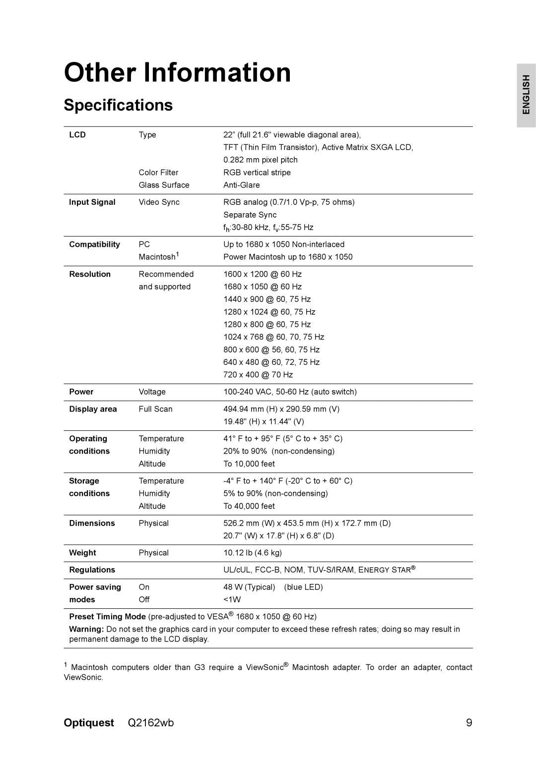 Optiquest VS12107 warranty Other Information, Specifications 