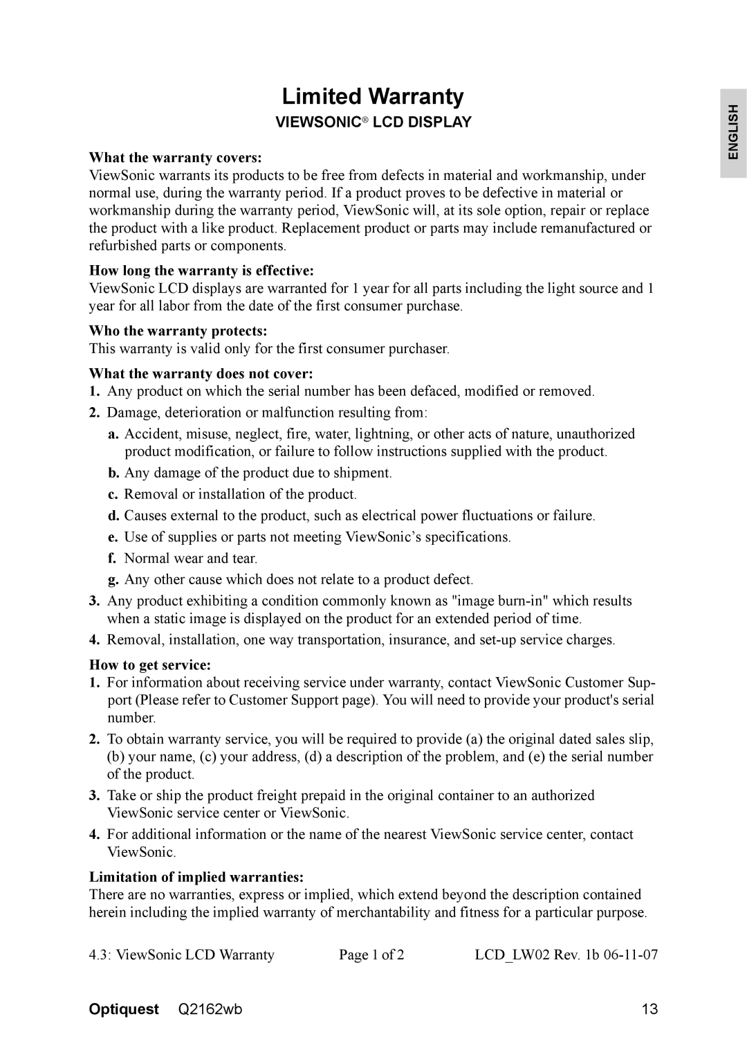 Optiquest VS12107 warranty Limited Warranty, Viewsonic LCD Display 