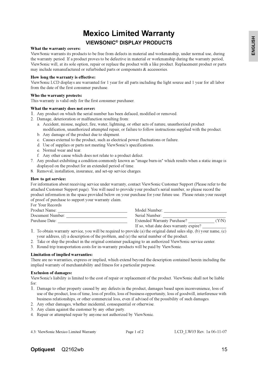 Optiquest VS12107 warranty Mexico Limited Warranty, Viewsonic Display Products 