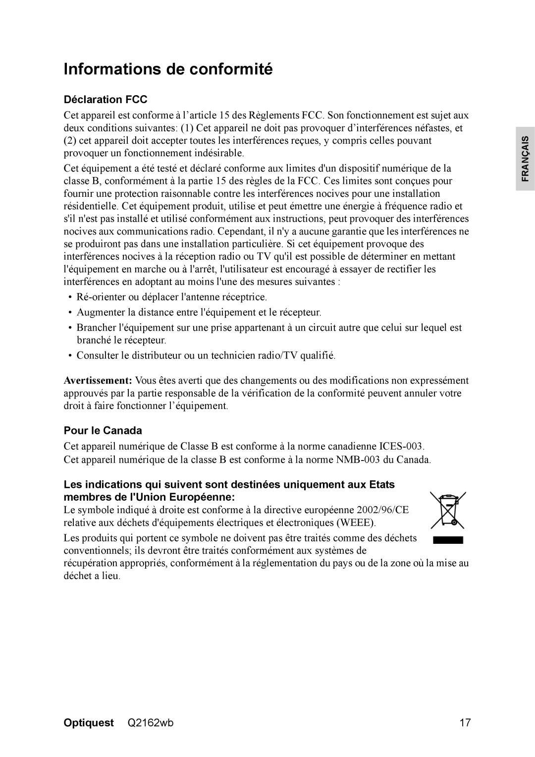 Optiquest VS12107 warranty Informations de conformité, Déclaration FCC, Pour le Canada 