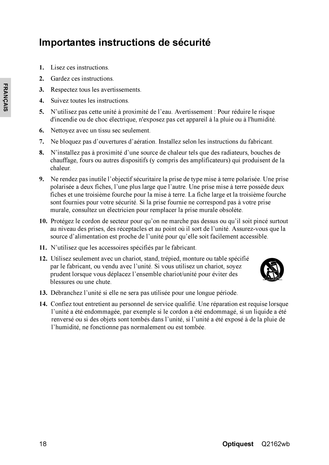 Optiquest VS12107 warranty Importantes instructions de sécurité 