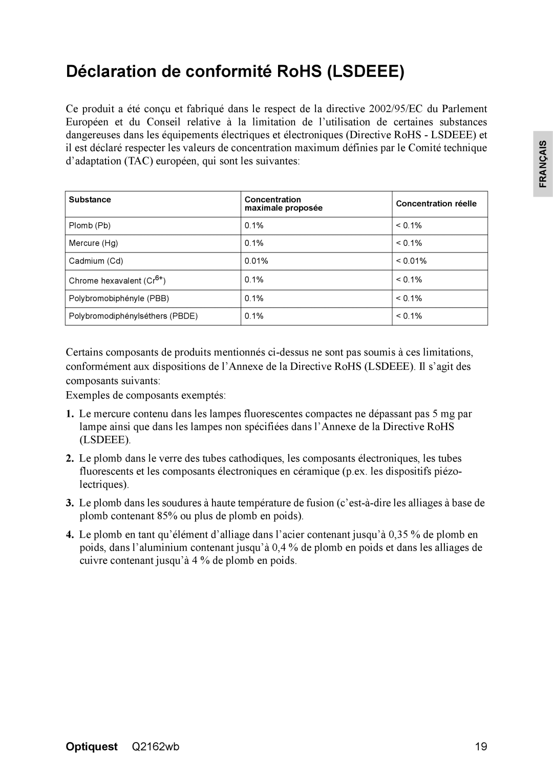 Optiquest VS12107 warranty Déclaration de conformité RoHS Lsdeee 