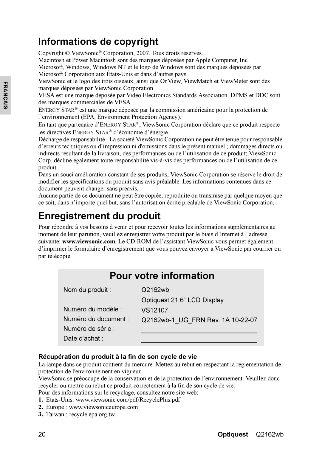 Optiquest VS12107 warranty Informations de copyright, Enregistrement du produit Pour votre information 