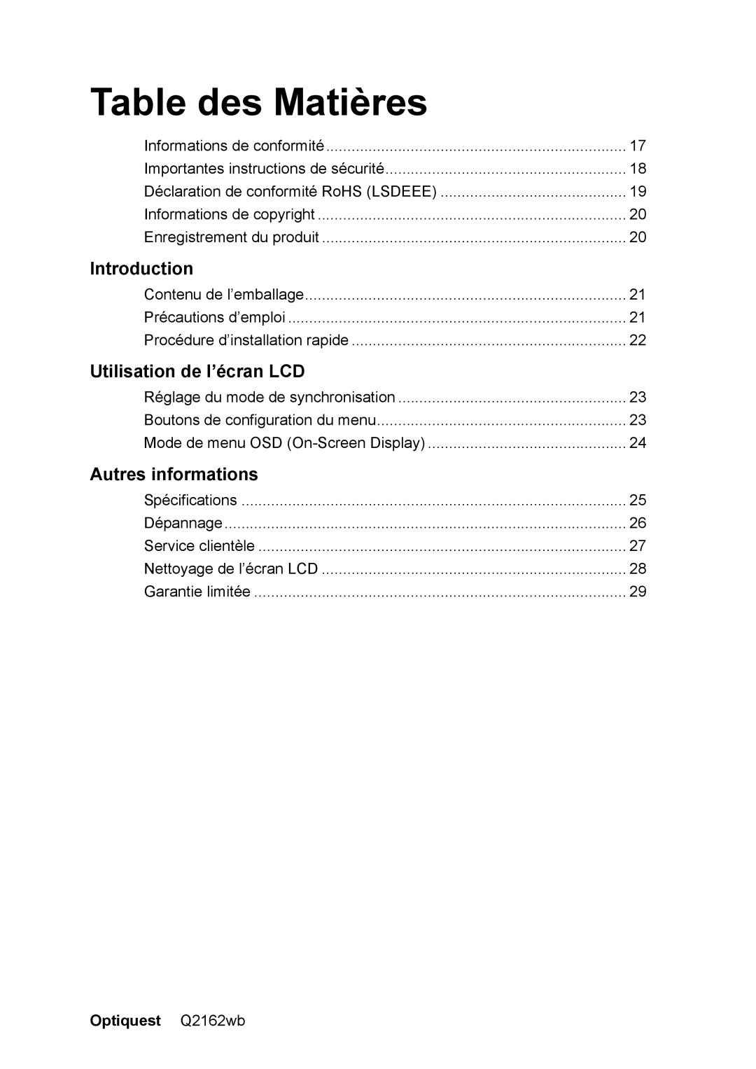 Optiquest VS12107 warranty Table des Matières, Utilisation de l’écran LCD 