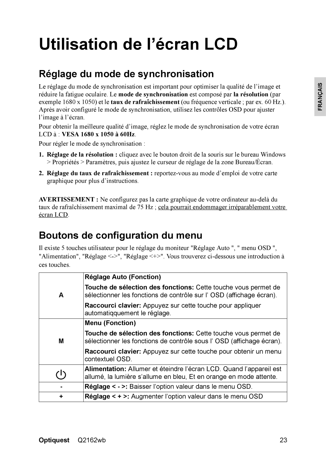 Optiquest VS12107 warranty Utilisation de l’écran LCD, Réglage du mode de synchronisation, Boutons de configuration du menu 