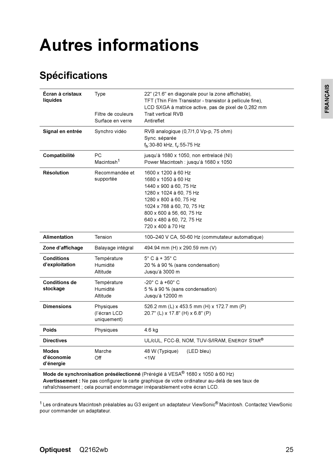 Optiquest VS12107 warranty Autres informations, Spécifications 