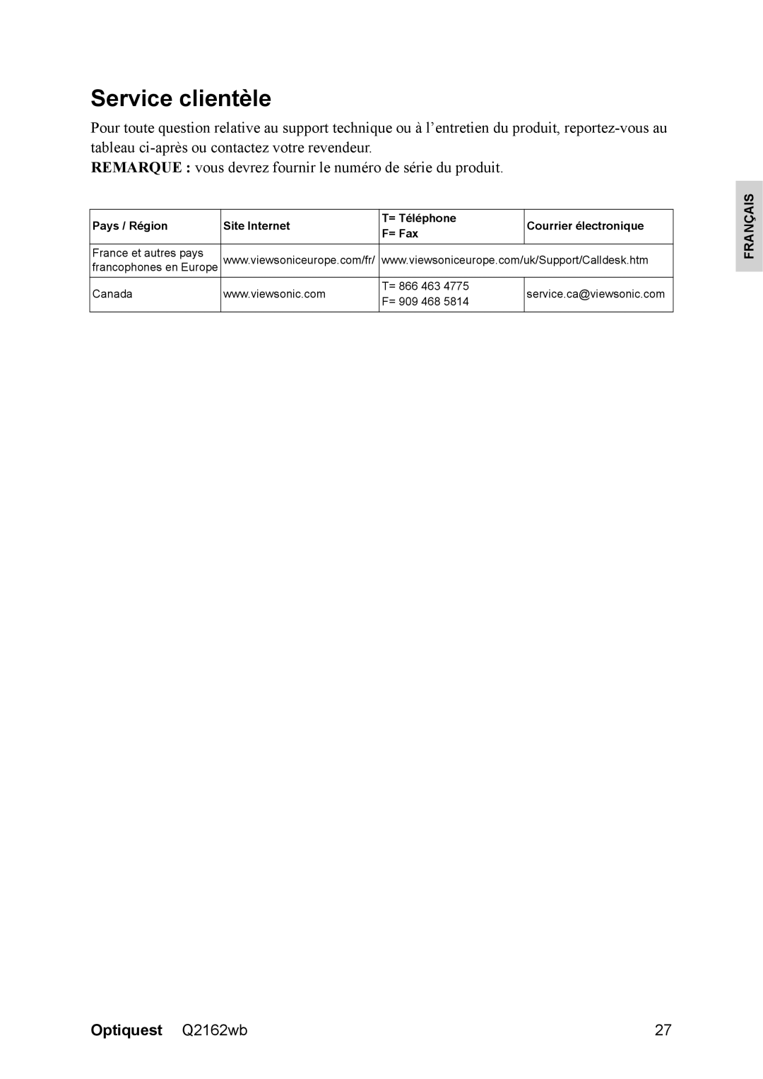 Optiquest VS12107 warranty Service clientèle 