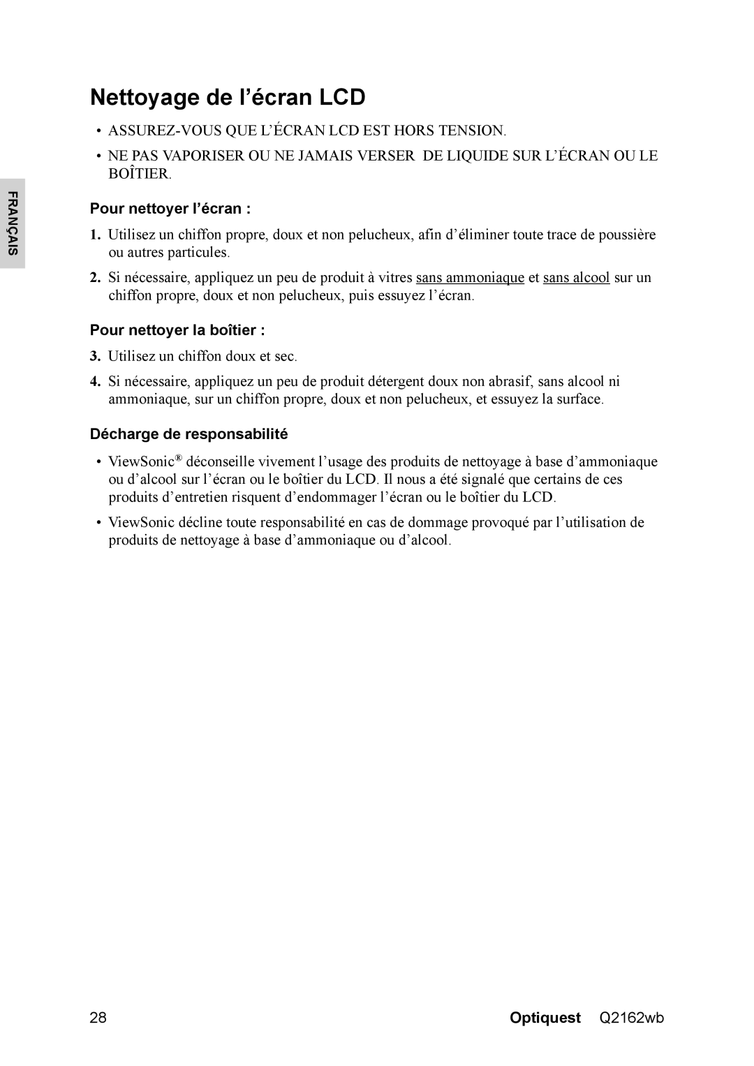 Optiquest VS12107 Nettoyage de l’écran LCD, Pour nettoyer l’écran, Pour nettoyer la boîtier, Décharge de responsabilité 