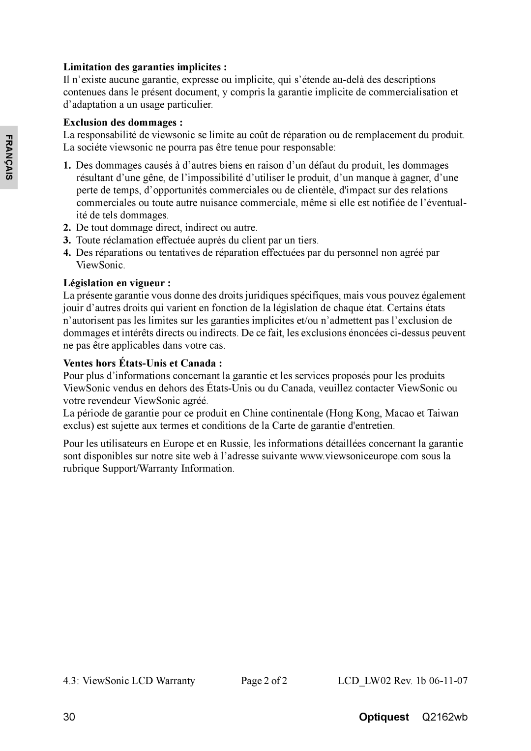 Optiquest VS12107 warranty Limitation des garanties implicites, Exclusion des dommages, Législation en vigueur 