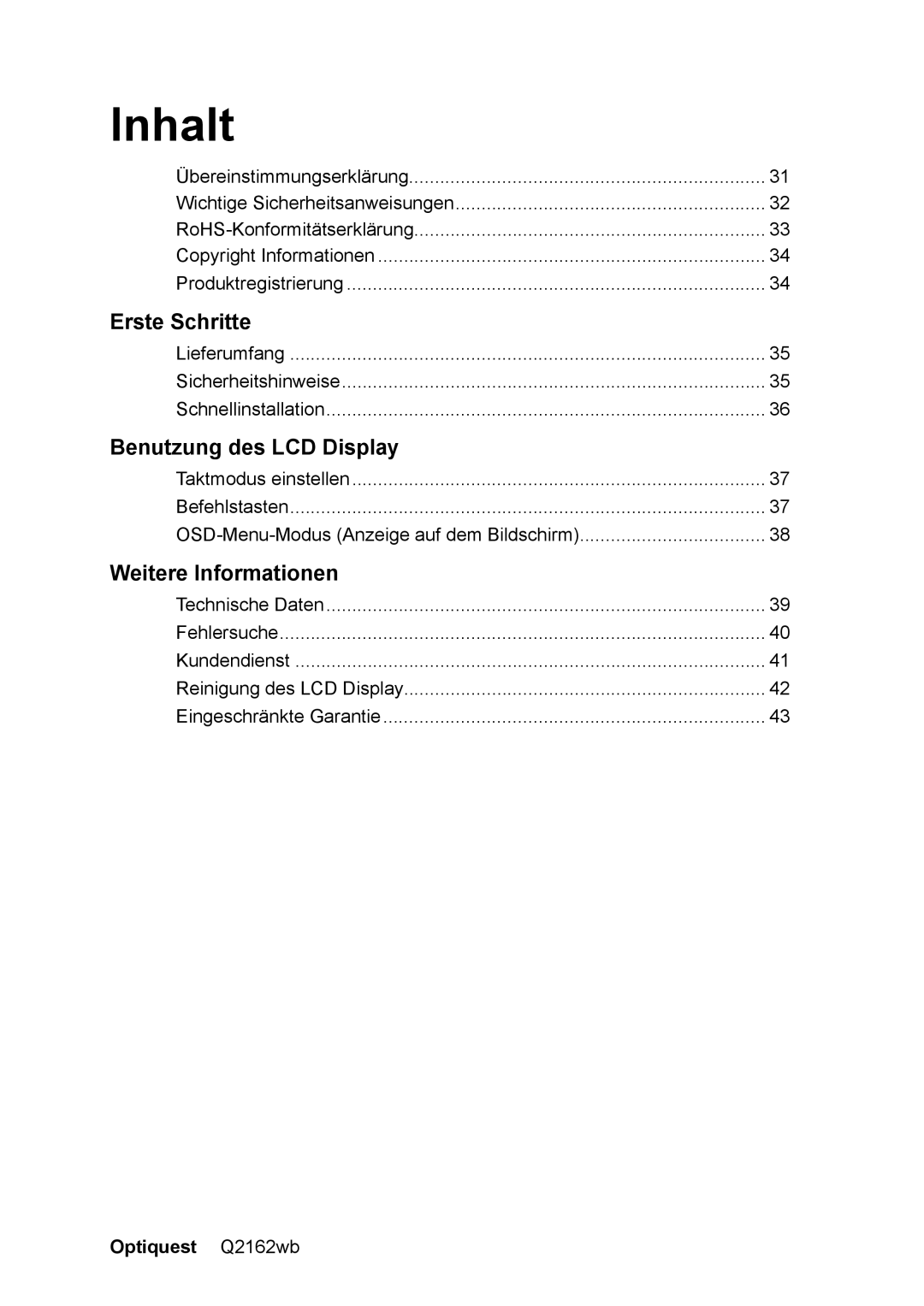 Optiquest VS12107 warranty Inhalt, Weitere Informationen 