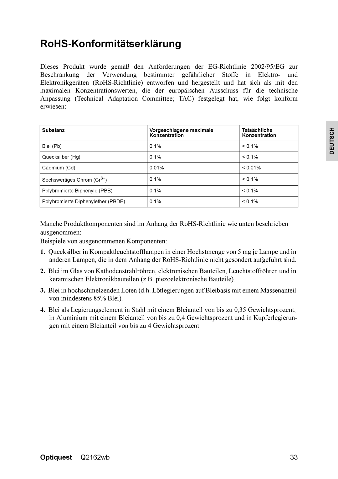 Optiquest VS12107 warranty RoHS-Konformitätserklärung, Substanz Vorgeschlagene maximale Tatsächliche Konzentration 