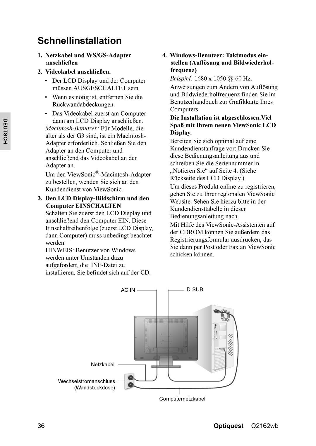 Optiquest VS12107 warranty Schnellinstallation 