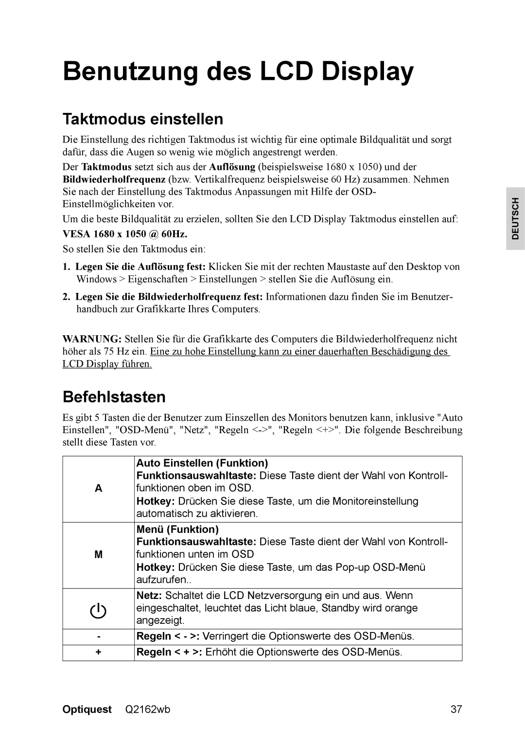 Optiquest VS12107 Benutzung des LCD Display, Taktmodus einstellen, Befehlstasten, Auto Einstellen Funktion, Menü Funktion 