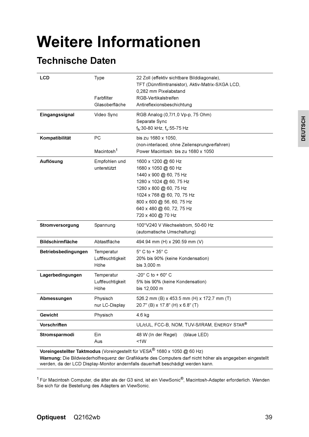 Optiquest VS12107 warranty Weitere Informationen, Technische Daten 