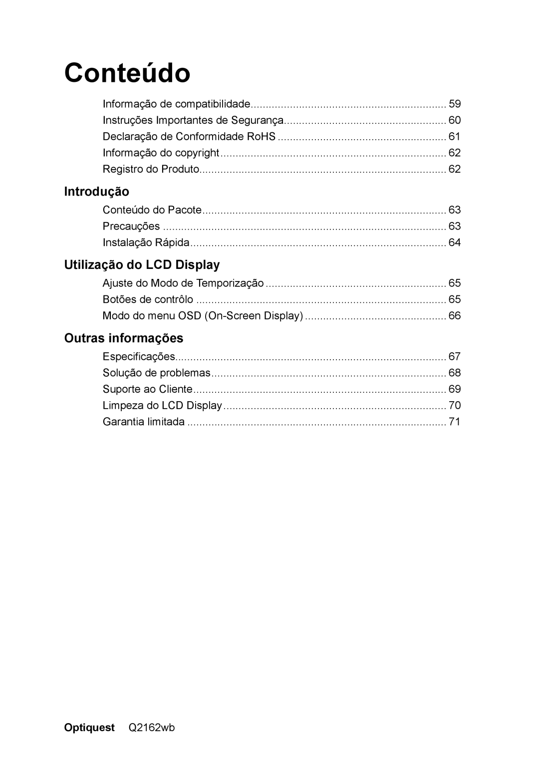 Optiquest VS12107 warranty Conteúdo, Outras informações 