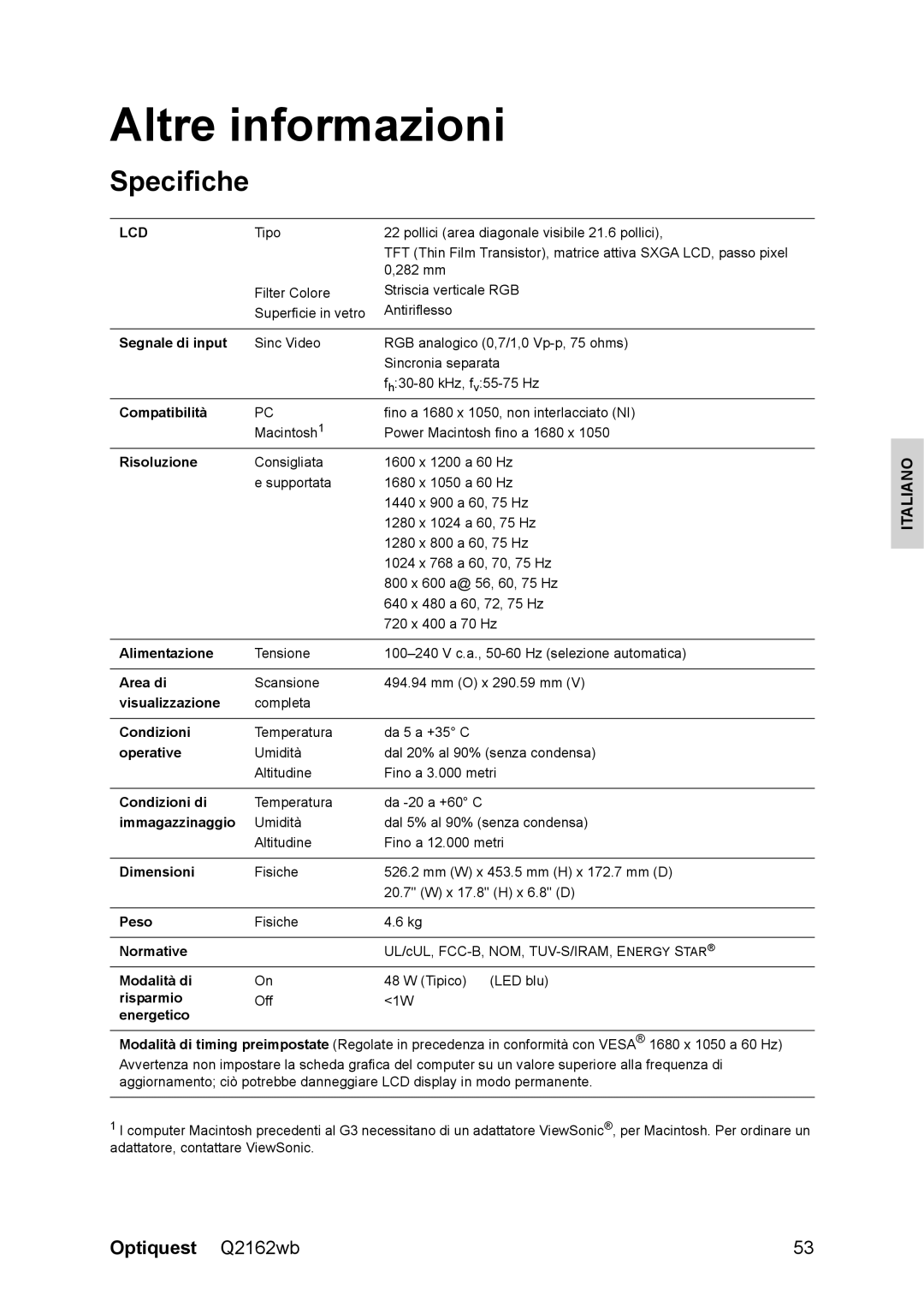 Optiquest VS12107 warranty Altre informazioni, Specifiche 