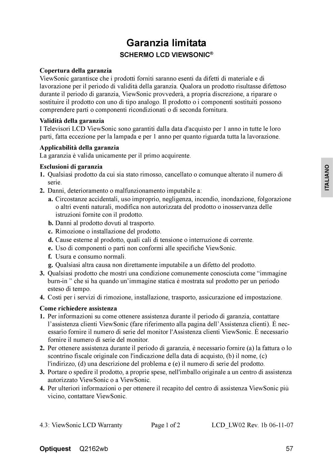 Optiquest VS12107 warranty Garanzia limitata, Schermo LCD Viewsonic 