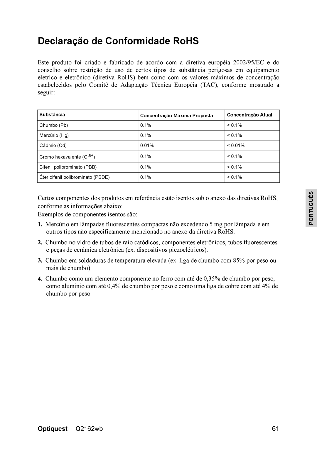 Optiquest VS12107 warranty Declaração de Conformidade RoHS, Substância Concentração Máxima Proposta Concentração Atual 