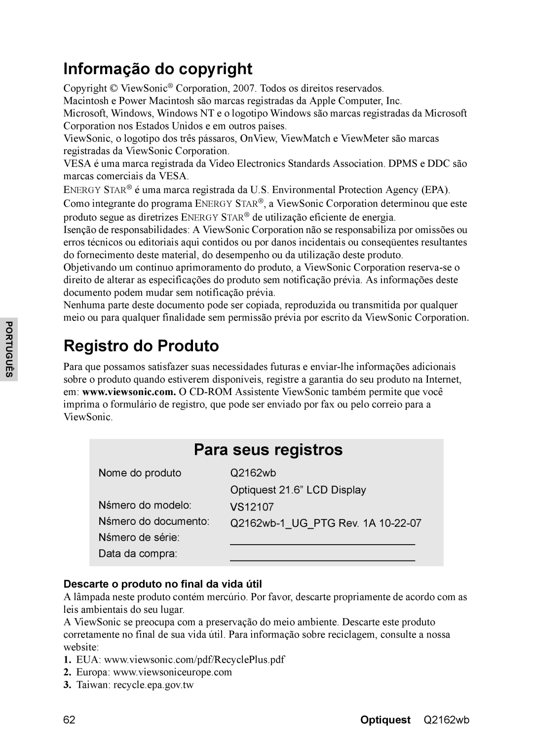 Optiquest VS12107 warranty Informação do copyright, Registro do Produto Para seus registros 