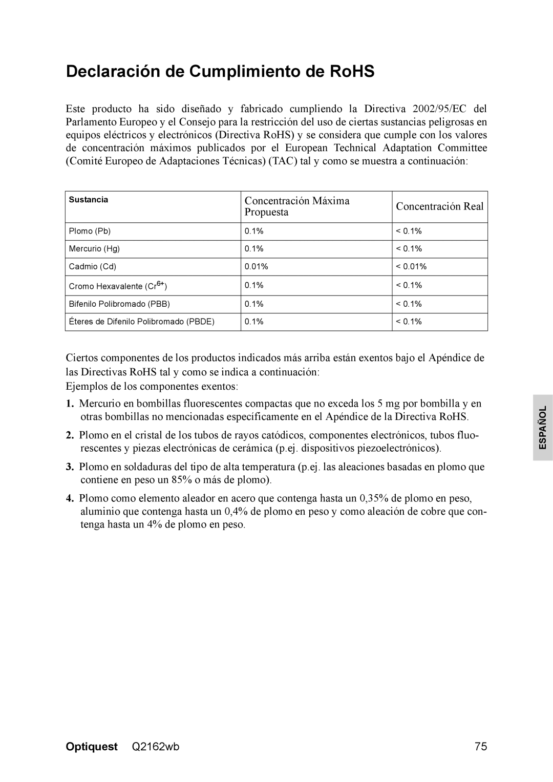 Optiquest VS12107 warranty Declaración de Cumplimiento de RoHS, Sustancia 