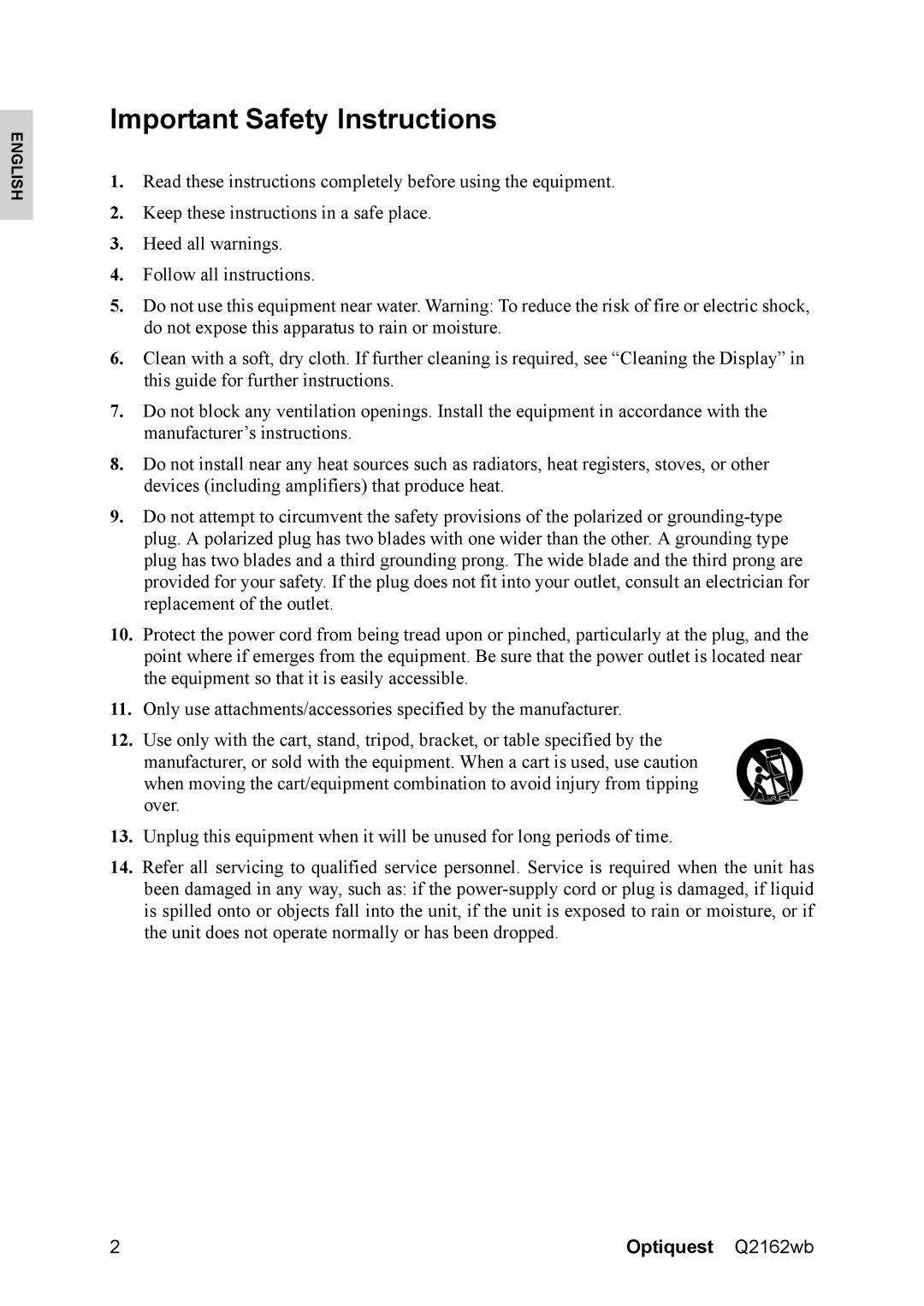 Optiquest VS12107 warranty Important Safety Instructions 