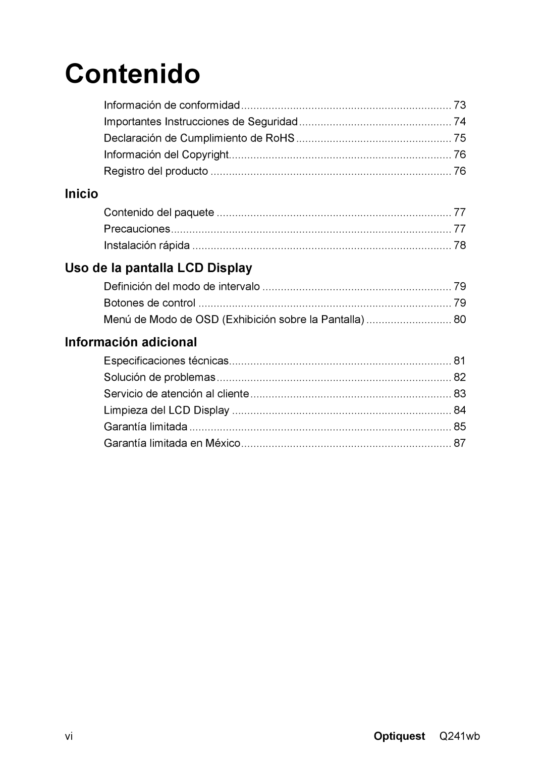 Optiquest VS12108 manual Contenido, Optiquest Q241wb 