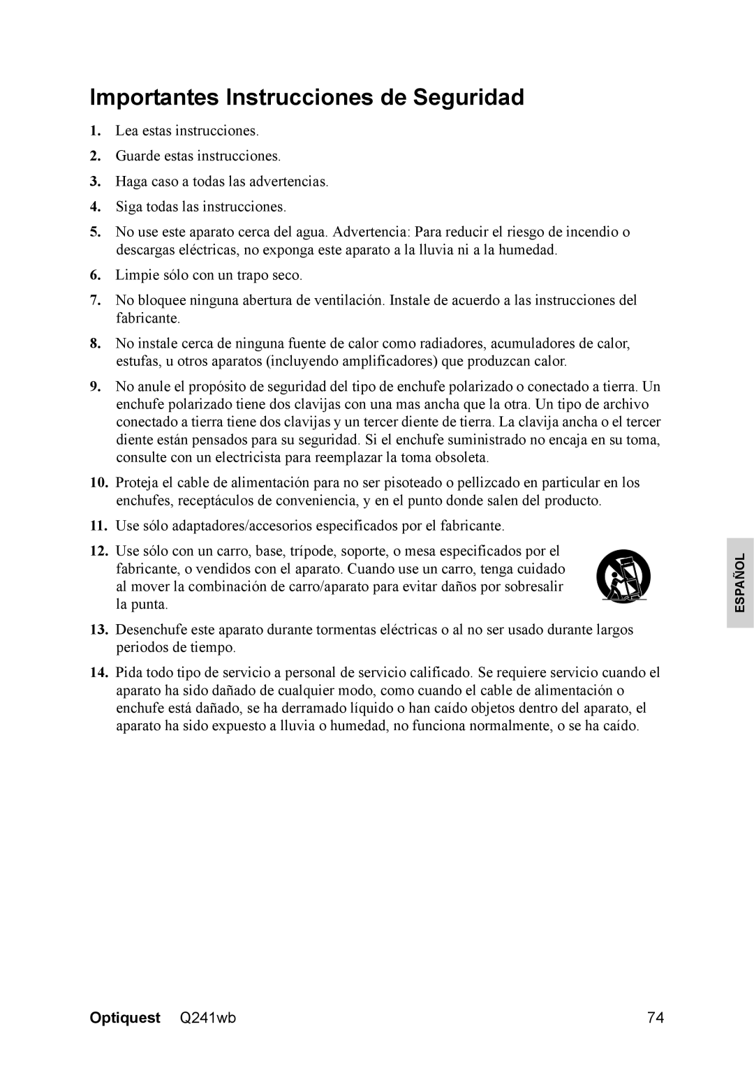 Optiquest VS12108 manual Importantes Instrucciones de Seguridad 