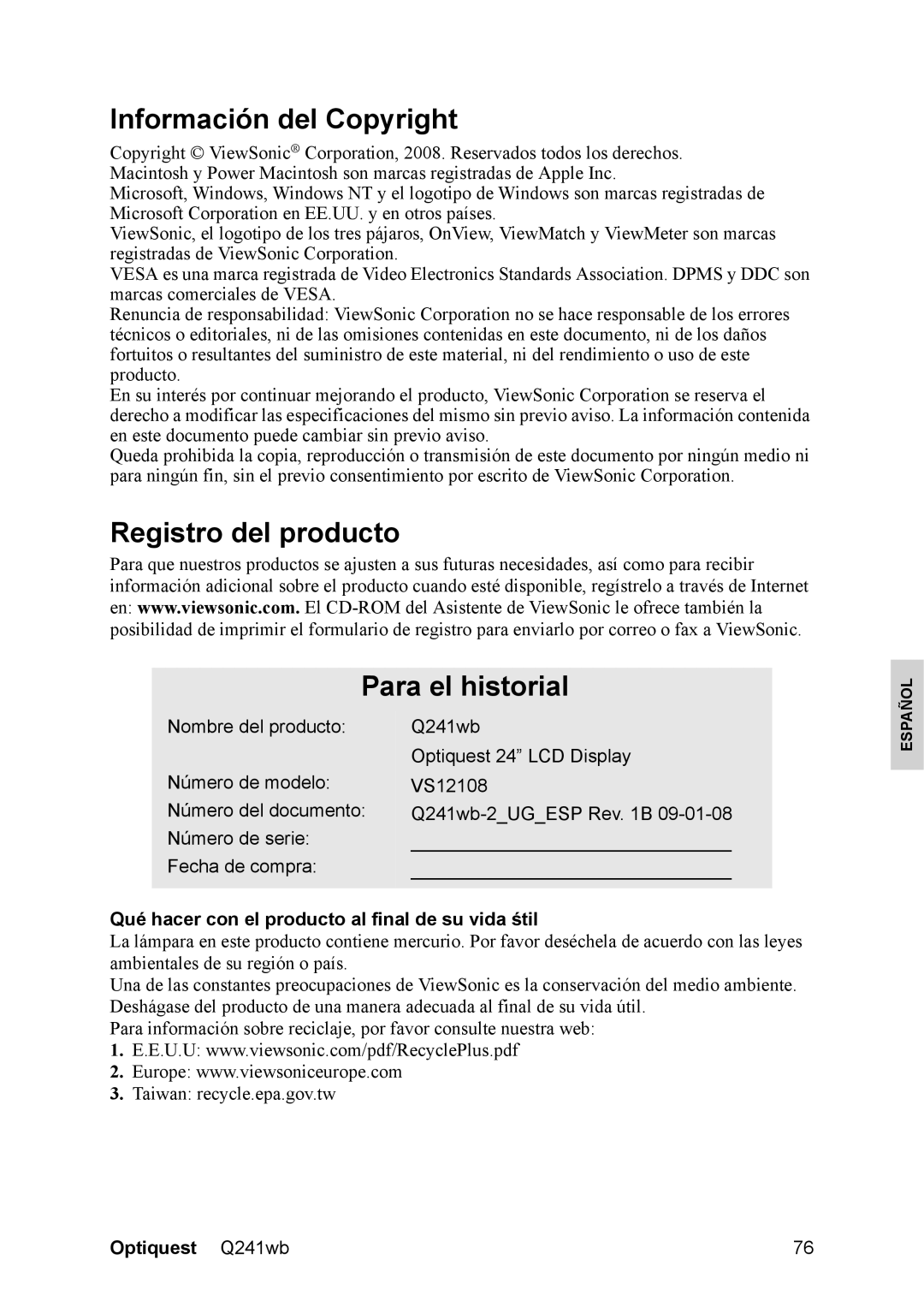 Optiquest VS12108 manual Información del Copyright, Registro del producto Para el historial 