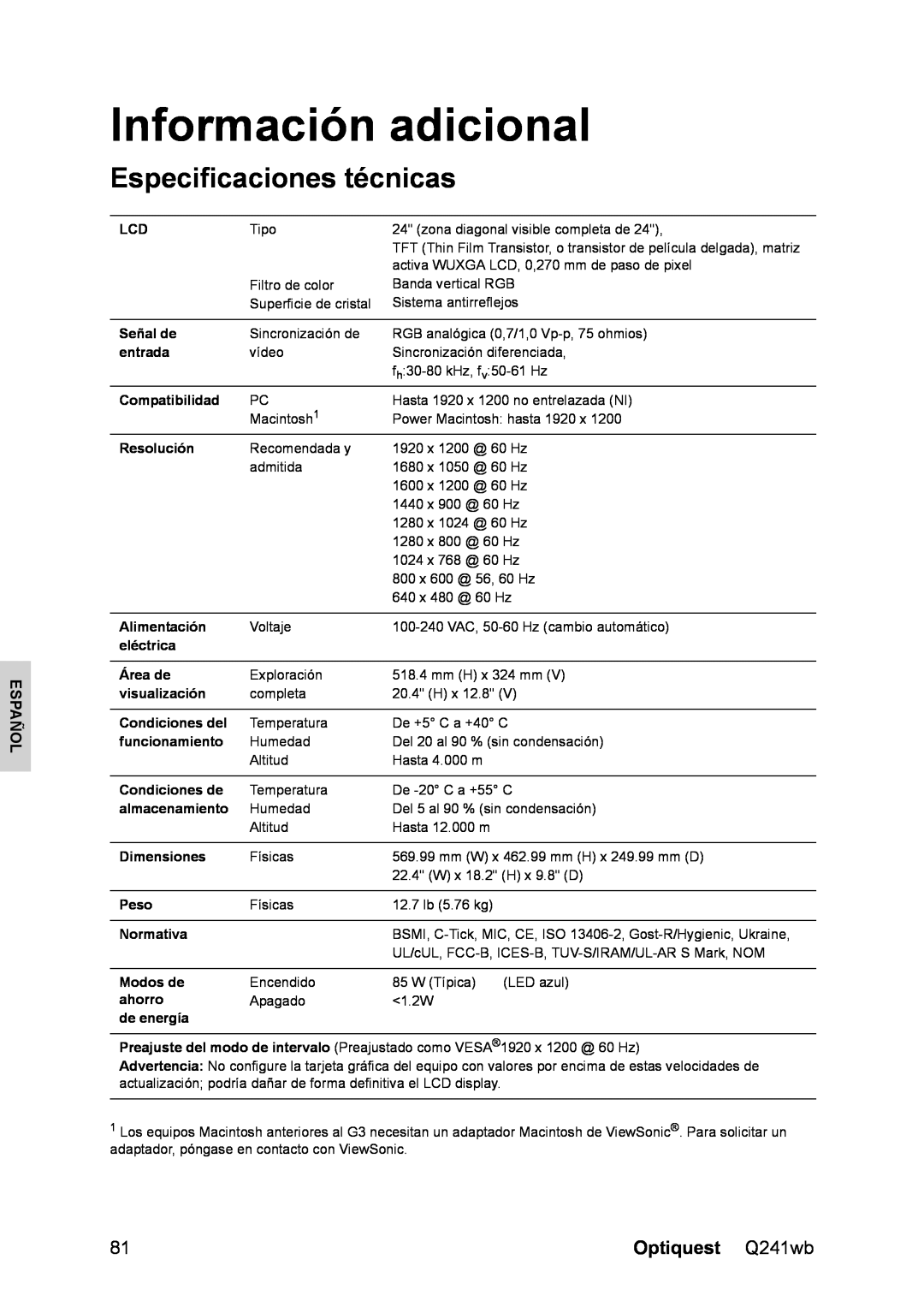 Optiquest VS12108 manual Información adicional, Especificaciones técnicas, Español 