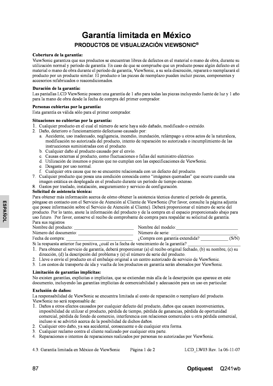 Optiquest VS12108 manual Garantía limitada en México, Español, Cobertura de la garantía, Duración de la garantía 