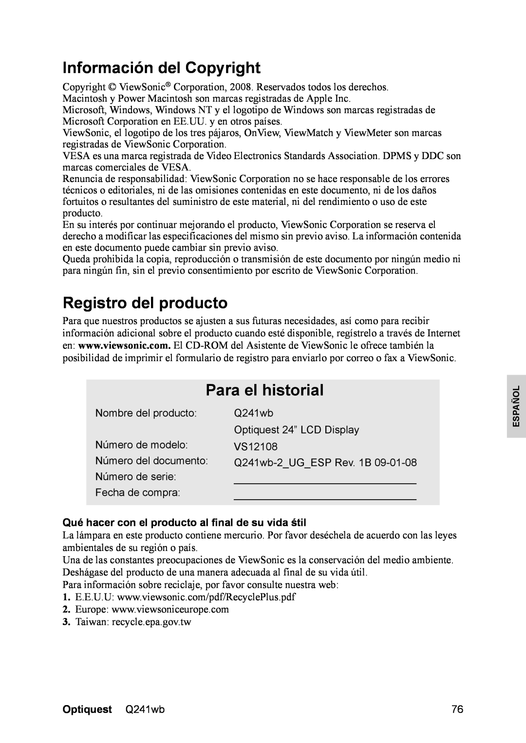 Optiquest VS12108 manual Información del Copyright, Registro del producto, Para el historial, Nombre del producto 