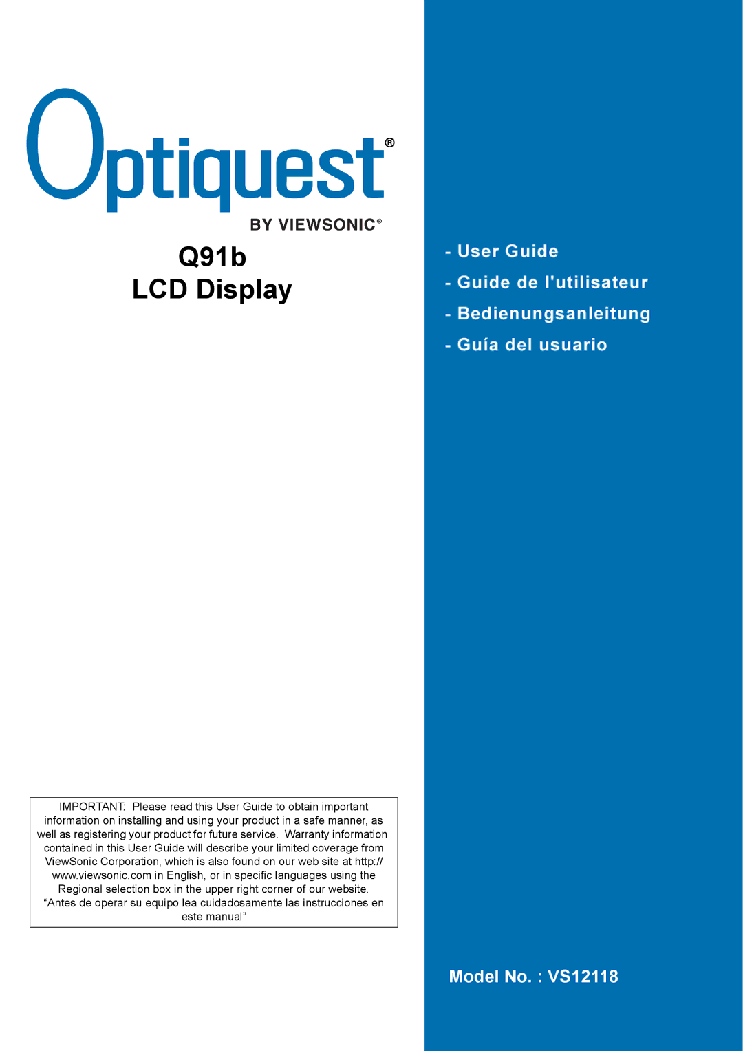 Optiquest VS12118 warranty Q91b LCD Display 