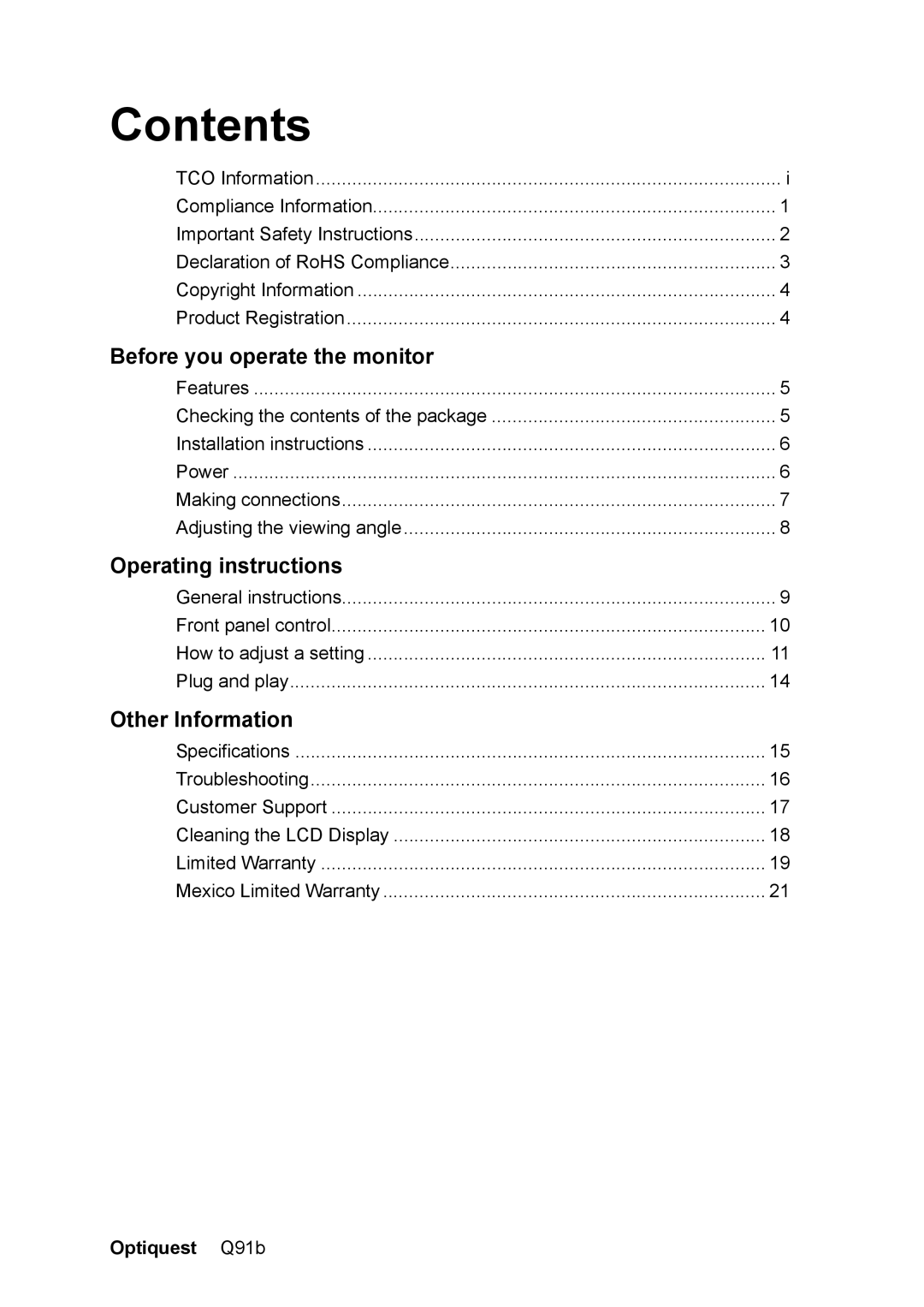 Optiquest VS12118 warranty Contents 