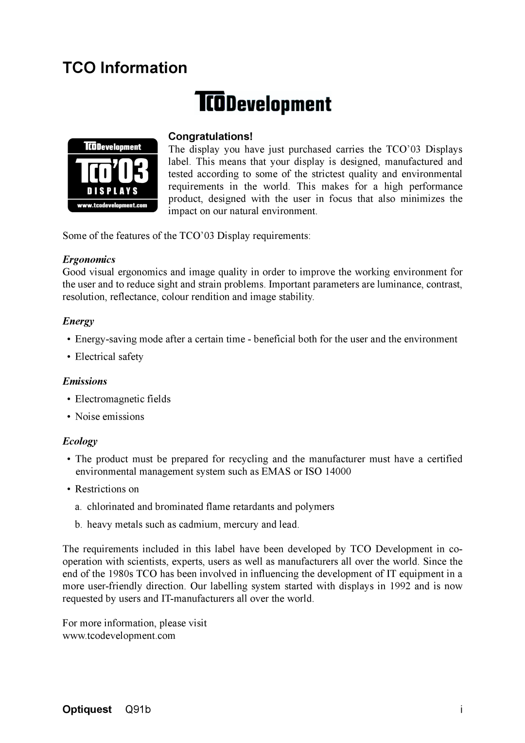 Optiquest VS12118 warranty TCO Information, Congratulations 