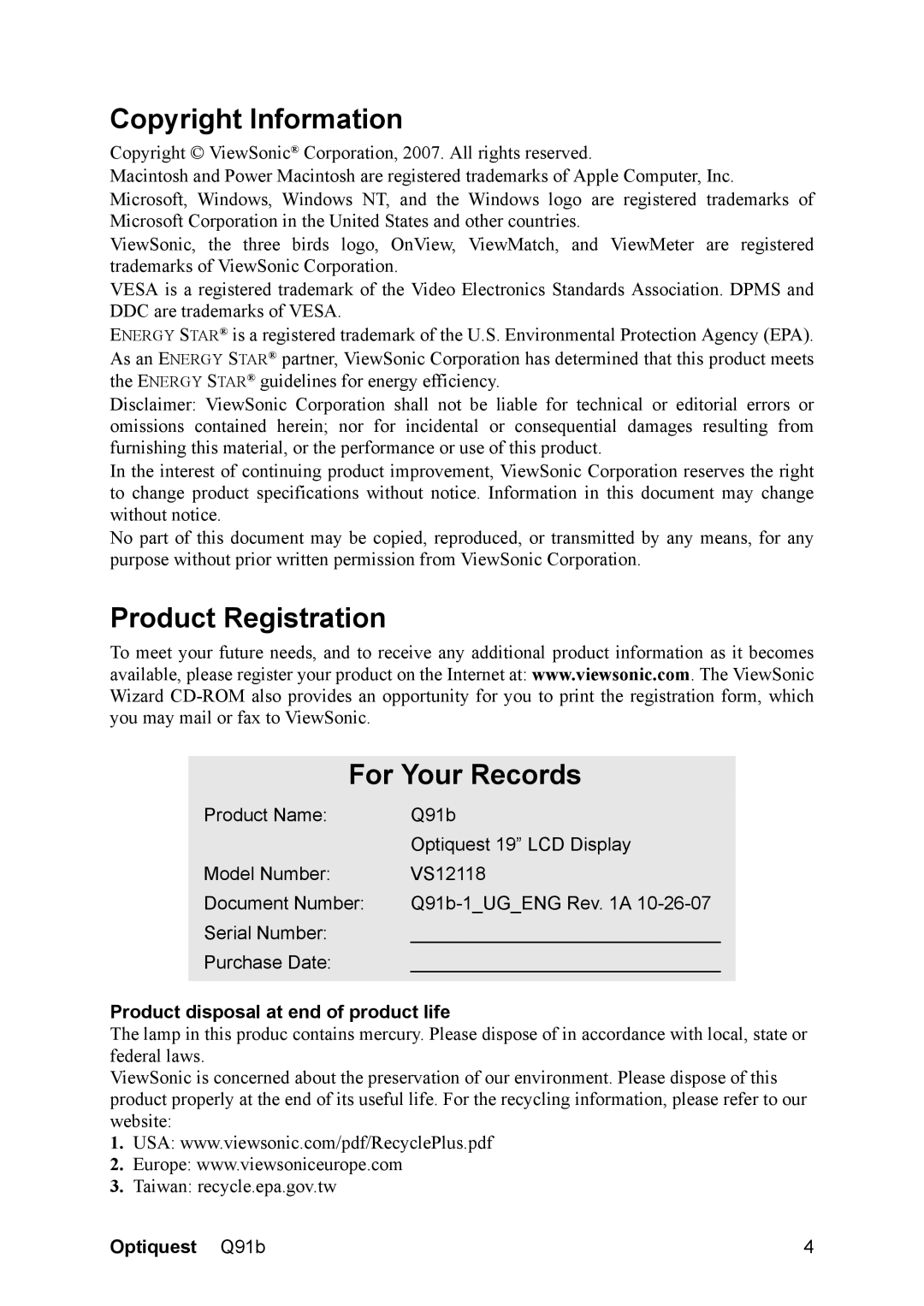 Optiquest VS12118 Copyright Information, Product Registration For Your Records, Product disposal at end of product life 