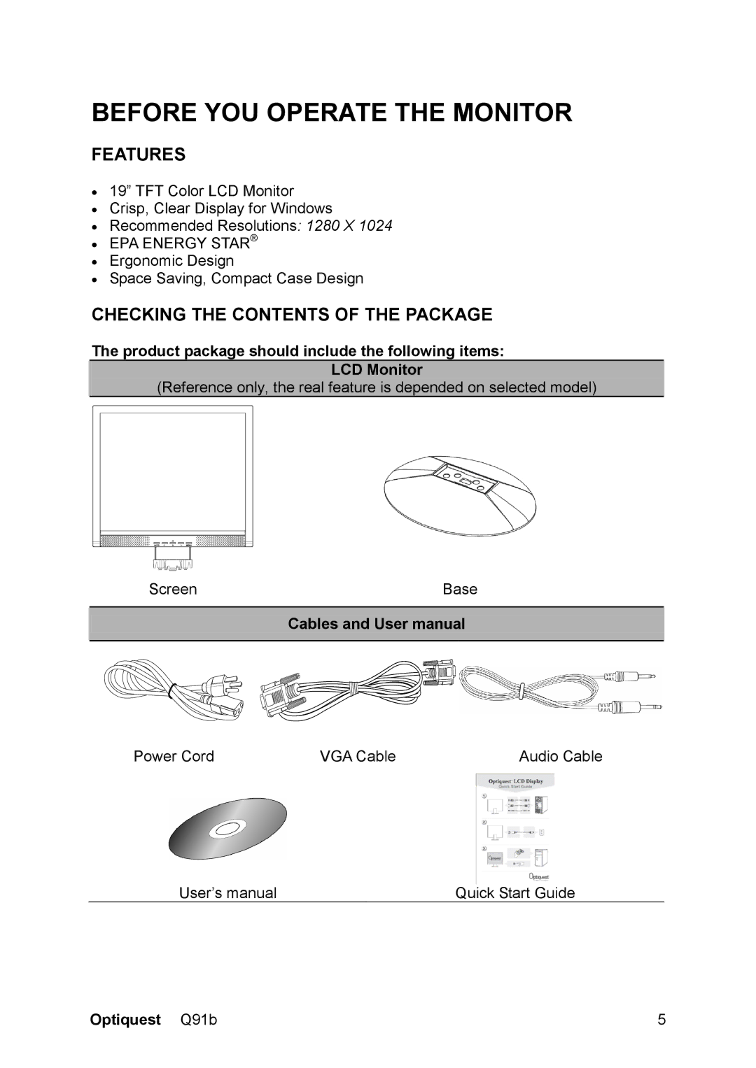 Optiquest VS12118 warranty Features, Checking the Contents of the Package 