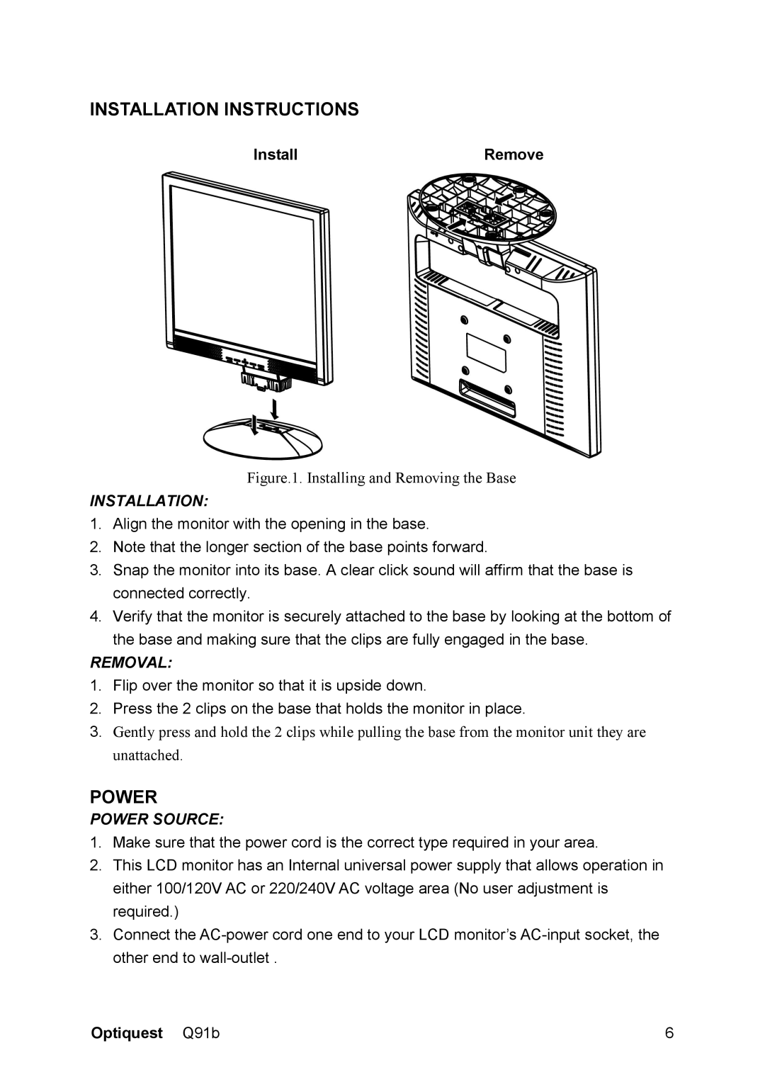 Optiquest VS12118 warranty Installation Instructions, Power, InstallRemove 