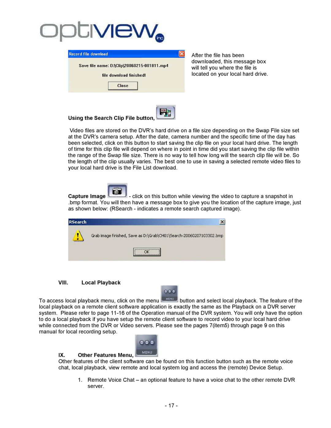 Optiview 2.28.06/4.37 manual Using the Search Clip File button, IX. Other Features Menu 