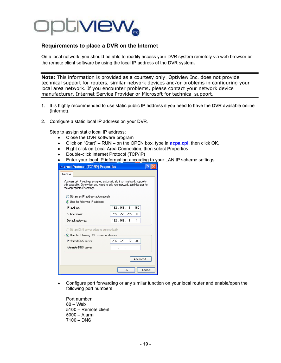 Optiview 2.28.06/4.37 manual Requirements to place a DVR on the Internet 