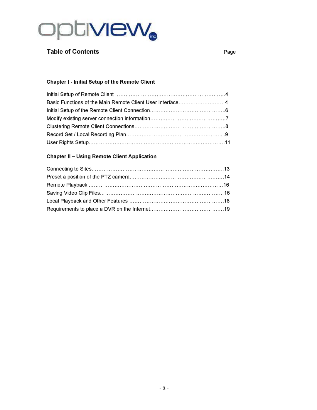 Optiview 2.28.06/4.37 manual Table of Contents 