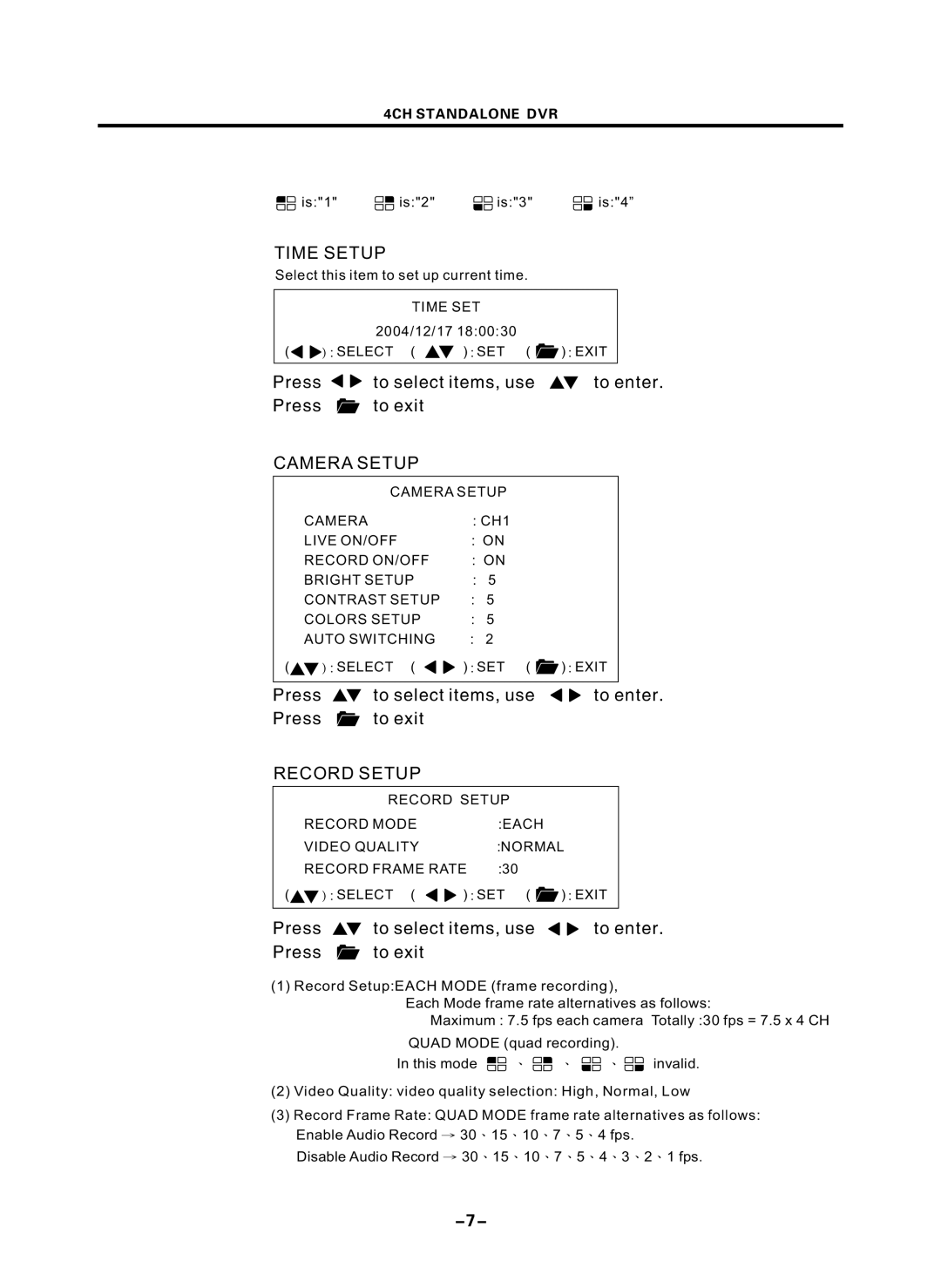 Optiview 4CHs user manual Time Setup, Camera Setup, Record Setup 