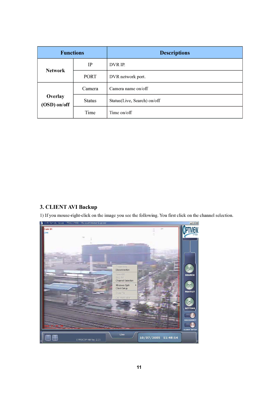 Optiview 4M user manual Functions Descriptions, Client AVI Backup 