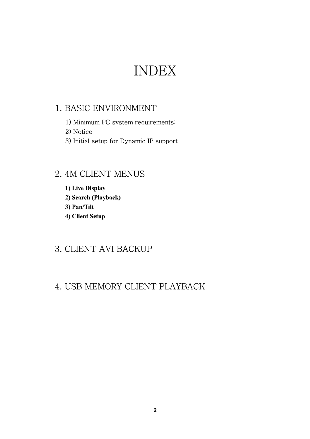 Optiview 4M user manual Index, Live Display Search Playback Pan/Tilt Client Setup 