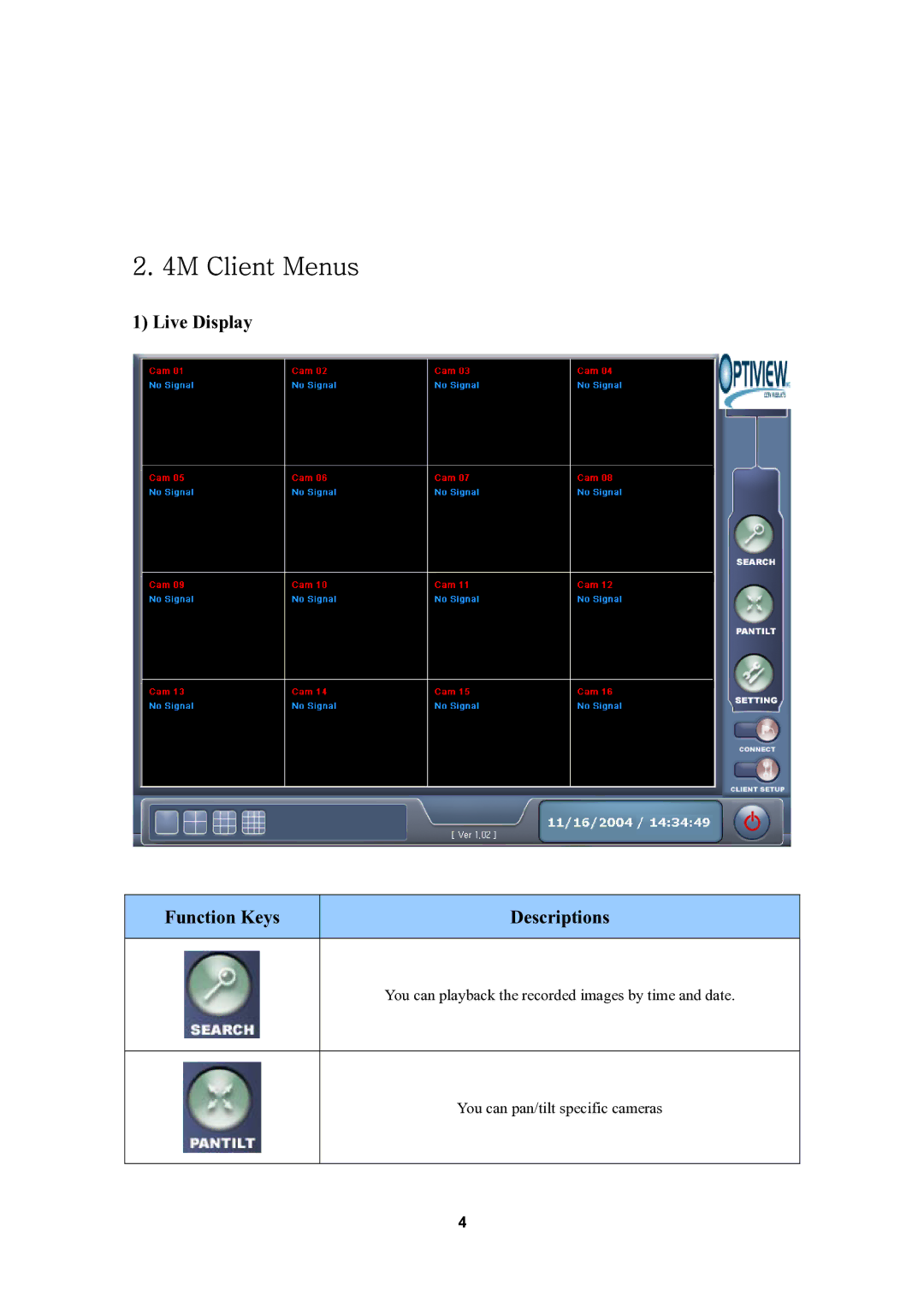 Optiview user manual 4M Client Menus, Live Display Function Keys Descriptions 