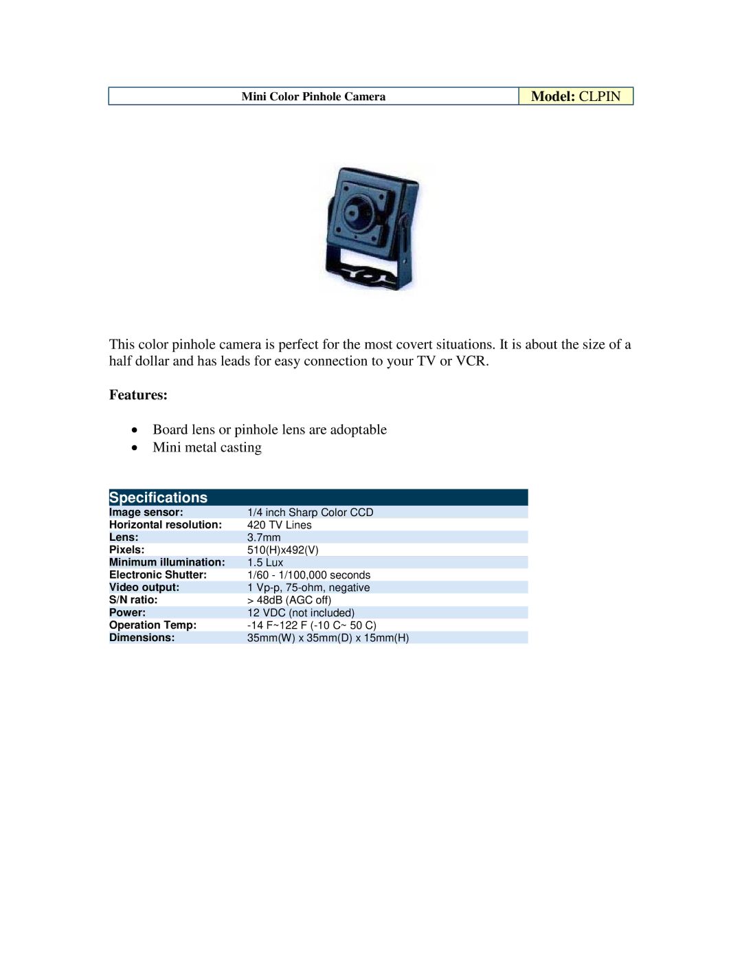 Optiview CLPIN specifications Model Clpin, Features, Specifications 