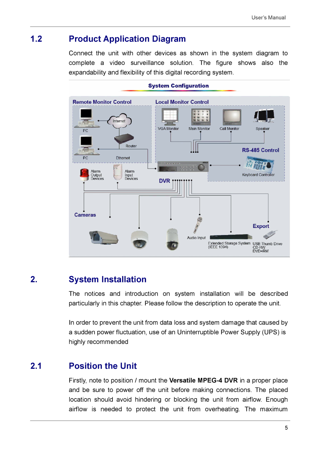 Optiview DVR user manual Product Application Diagram, System Installation, Position the Unit 