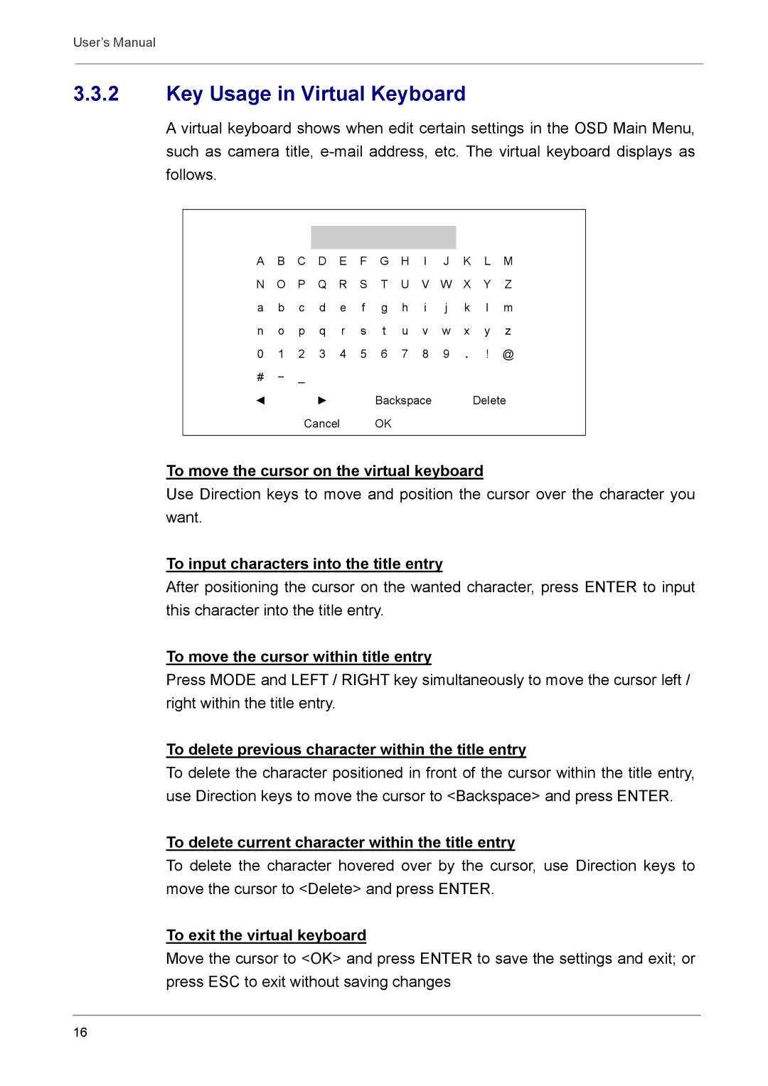 Optiview DVR user manual Key Usage in Virtual Keyboard 