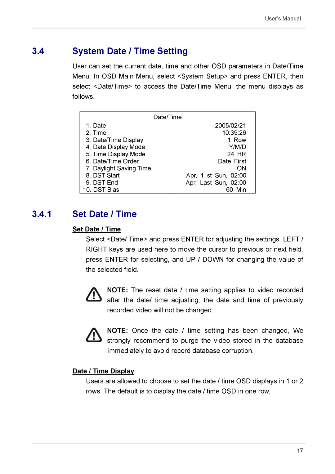 Optiview DVR user manual System Date / Time Setting, Set Date / Time 